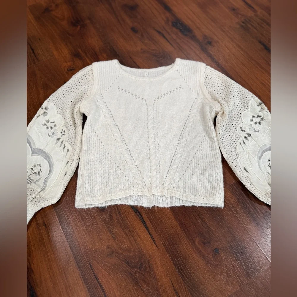 Anthropologie women's Eyelet Lace Sweater Ivory XS balloon embroidered sleeves - Picture 8 of 14